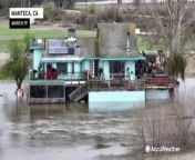 This drone video shows multiple homes drenched and partially submerged by floodwaters from the swollen San Joaquin River on March 19 after a period of heavy rainfall.